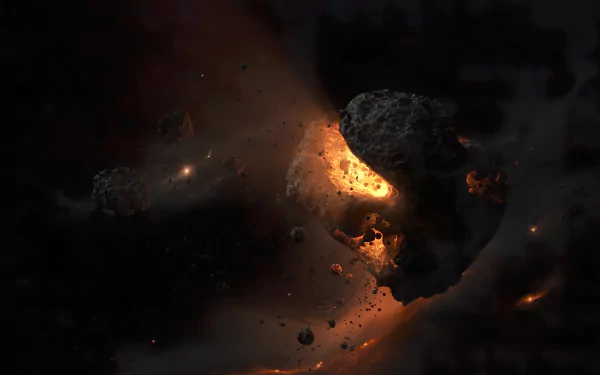 5K Ultra HD PC desktop wallpaper: sci‑fi space scene of a colossal asteroid fracturing, fiery debris and embers glowing against a dark cosmic void.