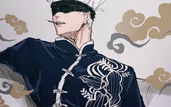 HD anime wallpaper featuring Satoru Gojo from Jujutsu Kaisen with white hair, wearing a blindfold and an embroidered dark outfit against a stylized cloud background.