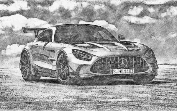 Grayscale pencil drawing of a Mercedes sports car in low-angle perspective; dynamic 5K Ultra HD PC desktop wallpaper background of a high-performance vehicle.