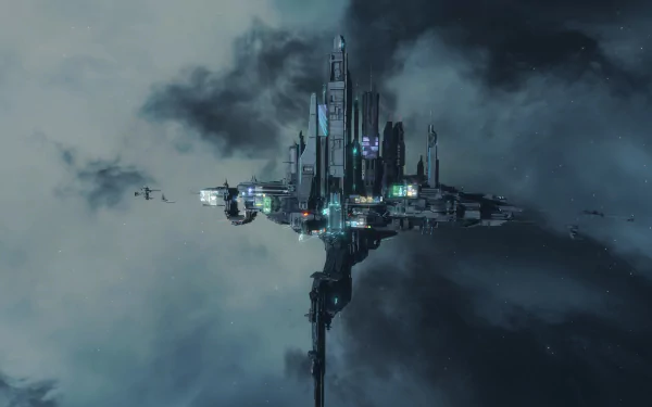 4K Ultra HD PC desktop wallpaper from the video game EVE Online: a towering space station in deep space, an orbital hub lit by blue-green lights against cloudy nebulae.
