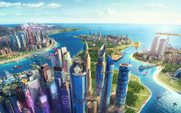 HD wallpaper of a vibrant SimCity BuildIt cityscape featuring skyscrapers, a winding river, and bustling urban life.
