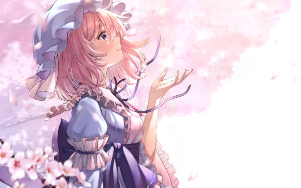 Anime-style 4K Ultra HD wallpaper featuring Yuyuko Saigyouji with pink hair, purple eyes, and a hat, surrounded by soft cherry blossoms in the Touhou universe.