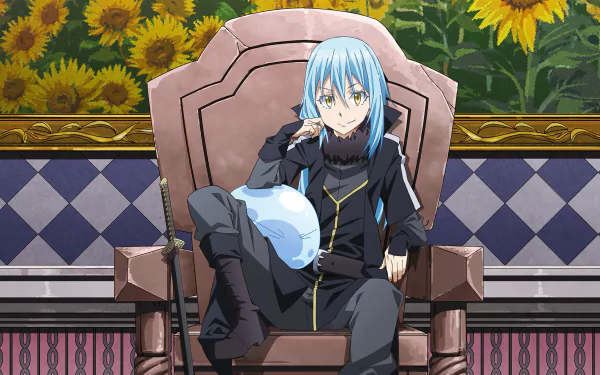 Rimuru Tempest sits confidently on a throne, surrounded by sunflowers, in this vibrant 4K Ultra HD wallpaper from the anime That Time I Got Reincarnated as a Slime.