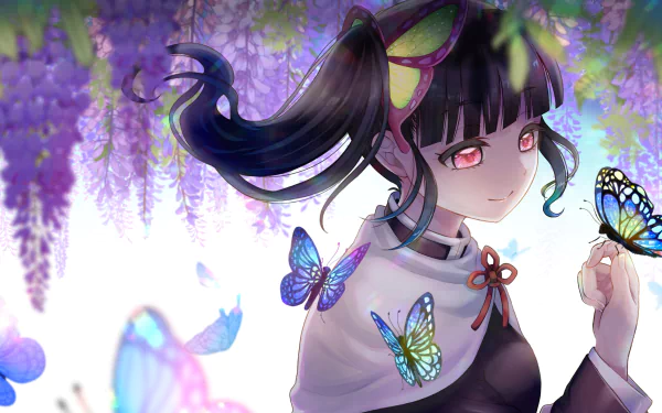 HD desktop wallpaper featuring Kanao Tsuyuri from the anime Demon Slayer: Kimetsu no Yaiba, surrounded by butterflies and wisteria flowers.