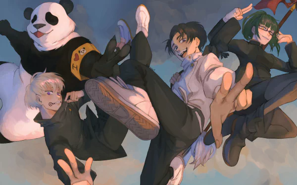 An HD wallpaper featuring Yuta Okkotsu, Maki Zenin, Panda, and Toge Inumaki from the anime Jujutsu Kaisen. They are in school uniforms, with distinct features like black, green, white hair and vibrant eye colors.