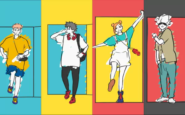 HD desktop wallpaper featuring characters Yuji Itadori, Megumi Fushiguro, Nobara Kugisaki, and Satoru Gojo from the anime Jujutsu Kaisen, in vibrant colored backgrounds.