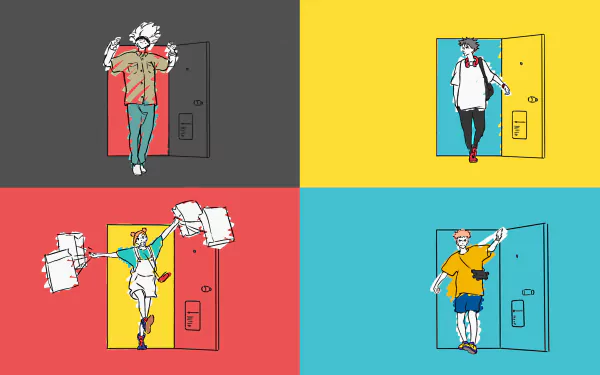 HD desktop wallpaper featuring colorful minimalist illustrations of Megumi Fushiguro, Nobara Kugisaki, Yuji Itadori, and Satoru Gojo from the anime Jujutsu Kaisen, each posed in stylish frames.