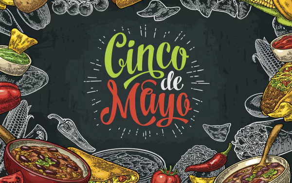 Cinco de Mayo-themed HD wallpaper featuring vibrant illustrations of Mexican food and festive decorations.