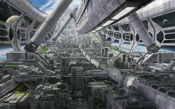 HD PC desktop wallpaper featuring a detailed sci-fi space station interior with futuristic metal frameworks and a view of a distant planet through large windows.