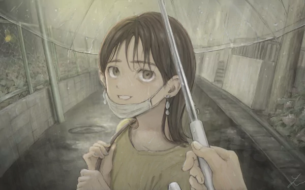 face mask rain umbrella brown eyes brown hair Anime girl anime girl Rain Anime HD Desktop Wallpaper | Background Image