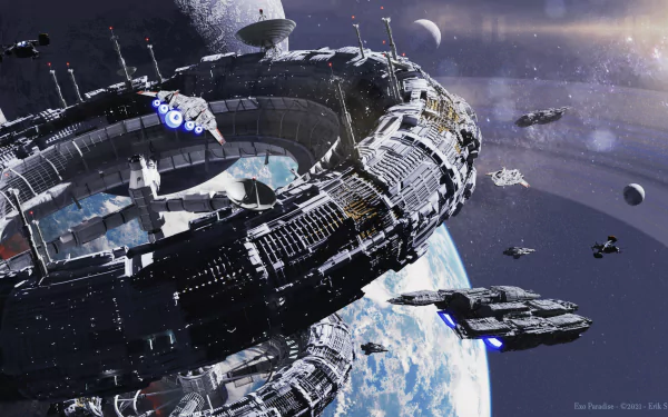 HD sci-fi desktop wallpaper featuring a massive space station orbiting Earth with several spacecraft nearby against a starry cosmic backdrop.