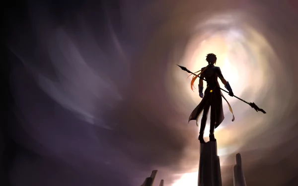 Silhouetted Zhongli from Genshin Impact stands on a pillar against a radiant, swirling background in this 4K Ultra HD PC desktop wallpaper.