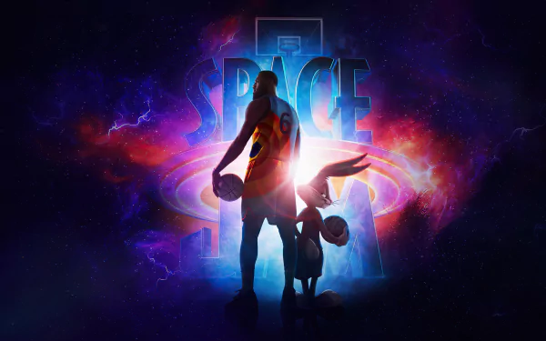 4K Ultra HD wallpaper featuring LeBron James and Bugs Bunny standing together with basketballs, set against a vibrant cosmic background from Space Jam 2.