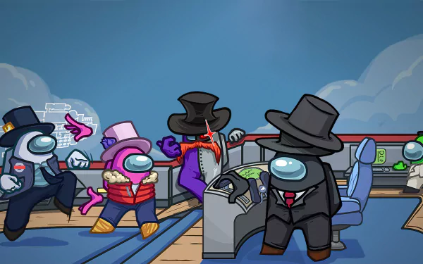 4K Ultra HD Among Us wallpaper showing crewmates and imposters in colorful outfits and hats aboard a spaceship bridge.