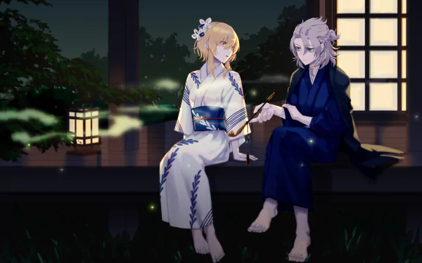 Lumine and Albedo from Genshin Impact wear traditional kimonos, sitting together on a veranda at night in this HD PC desktop wallpaper.