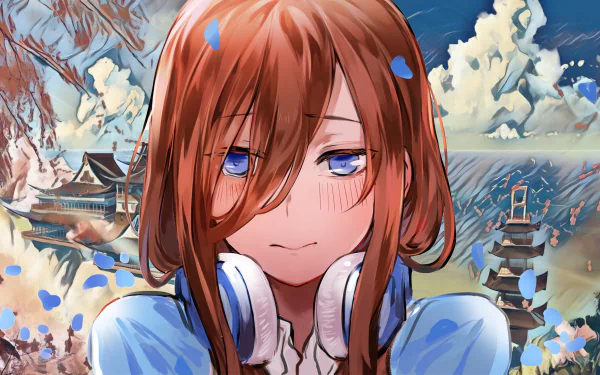 4K Ultra HD anime wallpaper featuring Miku Nakano from The Quintessential Quintuplets with detailed background of traditional buildings and blue sky.