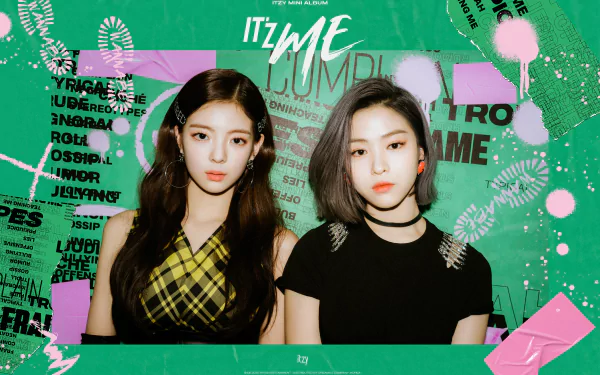HD ITZY themed desktop wallpaper featuring two members with a vibrant green graphic background.