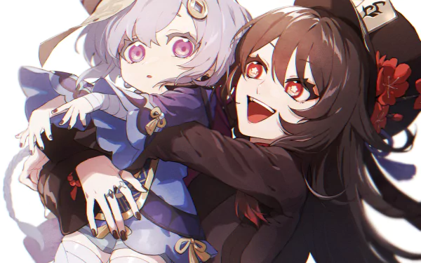 HD PC desktop wallpaper featuring Genshin Impact characters Hu Tao and Qiqi in vibrant, detailed anime-style art from the video game.