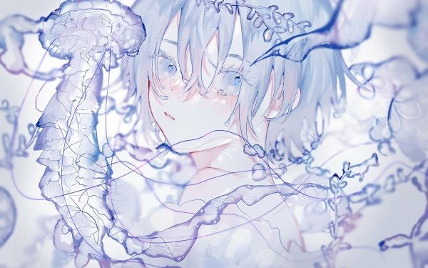 Anime Girl Blue Eyes Blue Hair Short Hair Jellyfish Tears HD Wallpaper | Background Image