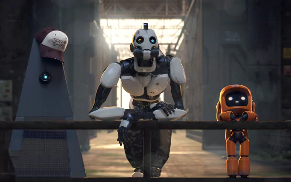 HD desktop wallpaper featuring XBOT 4000 and K-VRC characters from Love, Death & Robots animated series.