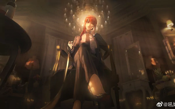 HD desktop wallpaper featuring Makima from the anime Chainsaw Man. The ethereal scene shows her sitting in a dimly lit room, illuminated by a chandelier overhead, exuding a mysterious aura.