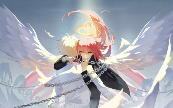 An HD desktop wallpaper featuring anime characters from Chainsaw Man, including Angel Devil, Reze, Power, Makima, Aki Hayakawa, and Denji, with dramatic wings and a captivating background.