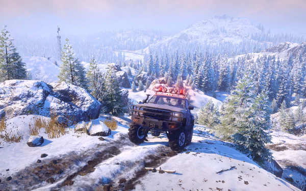 HD desktop wallpaper of SnowRunner game showcasing a vehicle traversing a snowy landscape with snowy trees and mountains in the background.