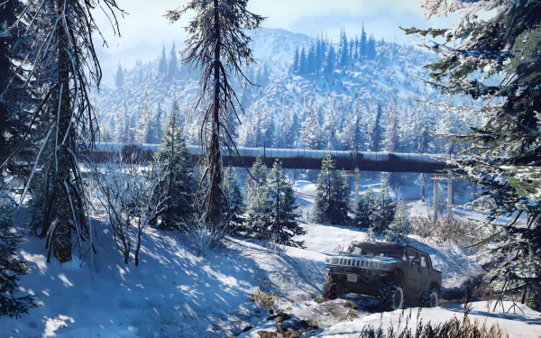 SnowRunner HD wallpaper featuring a rugged off-road vehicle traversing a snowy landscape with trees and a bridge in the background.