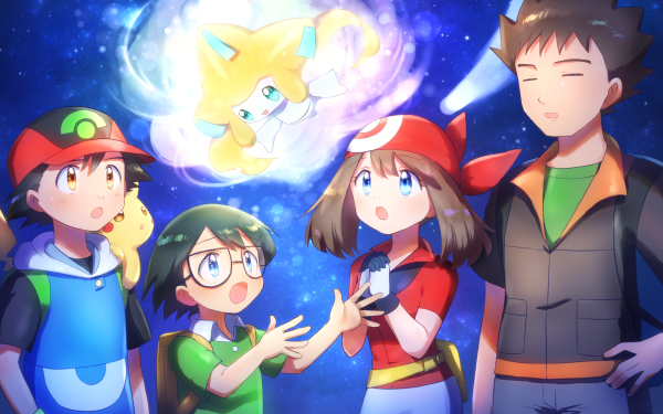 Anime Pokémon: Jirachi—Wish Maker Pokémon Ash Ketchum Max May Pikachu Brock Jirachi Cap Glasses HD Wallpaper | Background Image