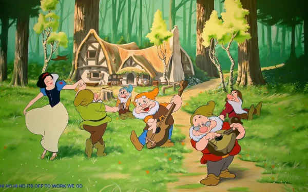 Cartoon HD desktop wallpaper featuring Snow White joyfully dancing with the Seven Dwarves in front of their cottage from the movie Snow White and the Seven Dwarfs.