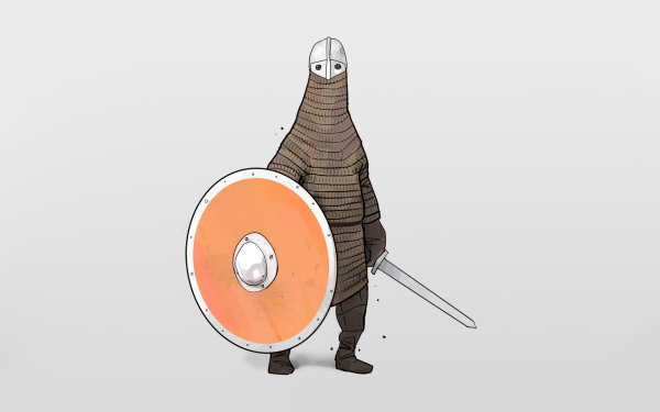 HD wallpaper of a Bad North game character, a cartoonish medieval warrior with a shield and sword, against a plain background.