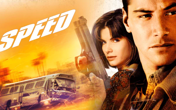 HD desktop wallpaper featuring Keanu Reeves and Sandra Bullock from the movie Speed, with a speeding bus and orange sunset background.