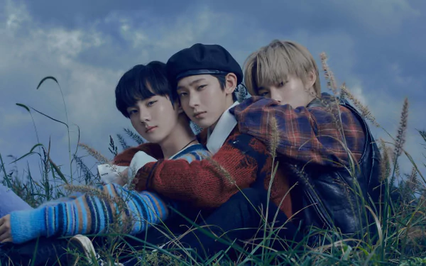 A captivating HD wallpaper featuring members of ENHYPEN sitting together in a grassy field, set against a dramatic sky, capturing a moment of camaraderie and artistry in music.