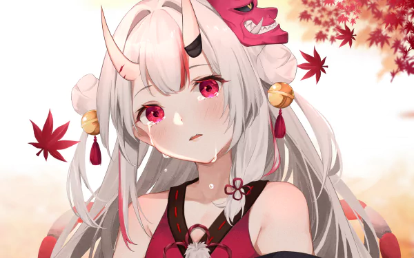 HD anime wallpaper of Nakiri Ayame, a hololive Virtual YouTuber, with white hair, pink eyes, horns, and tears, surrounded by red autumn leaves.