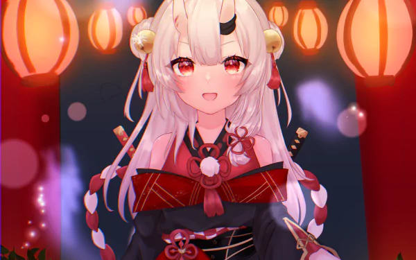 HD anime desktop wallpaper of Nakiri Ayame, a hololive Virtual YouTuber with white hair, red eyes, and horns, surrounded by glowing lanterns.