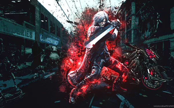 Dante from Devil May Cry 5 stands ready with his sword and motorcycle, set against a dark, fiery urban backdrop in this 4K Ultra HD PC desktop wallpaper.