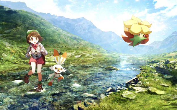 HD PC desktop wallpaper featuring Gloria from Pokémon: Sword and Shield with Scorbunny and Gossifleur in a lush, mountainous landscape.