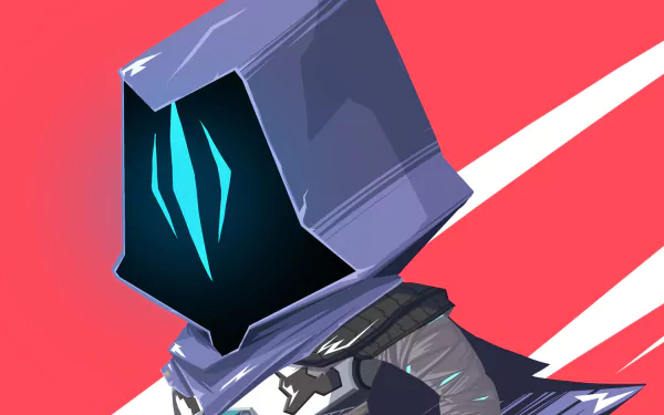Stylized Omen (Valorant) in a purple hood with glowing cyan eyes on a red background — HD PC desktop wallpaper/background, video game art.