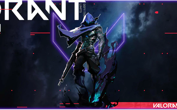 HD PC desktop wallpaper featuring Omen from the video game Valorant, set against a dark, mysterious background with neon purple highlights.