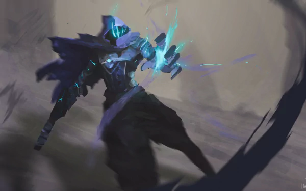 Omen from the video game Valorant in a shadowed cloak, summoning blue-purple ethereal energy across a misty battlefield — HD PC desktop wallpaper and background