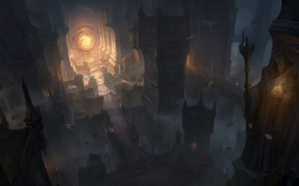 HD PC desktop wallpaper: dark Portal (video game)–style ruins with towering spires and a glowing Diablo Immortal portal at the city's heart.
