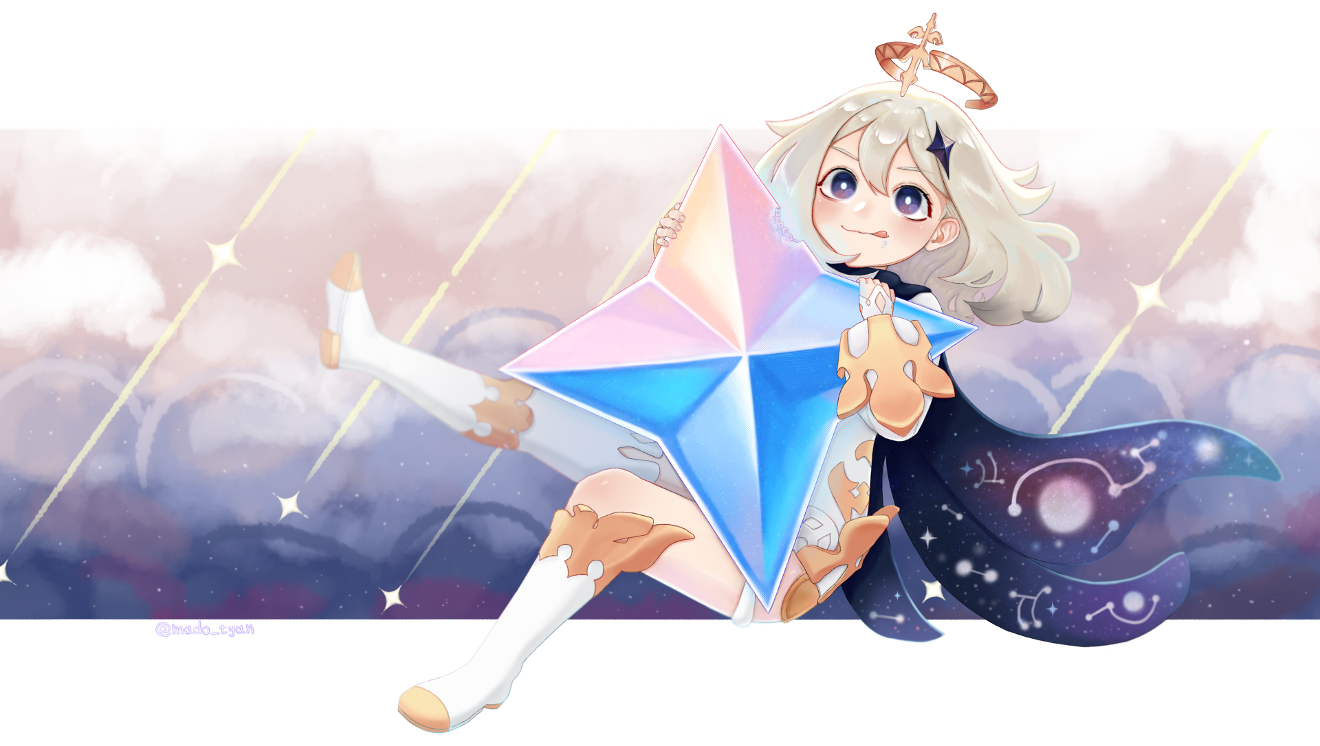 Paimon from Genshin Impact holding a glowing star, set against a soft pastel background, presented as a 4K Ultra HD PC desktop wallpaper.