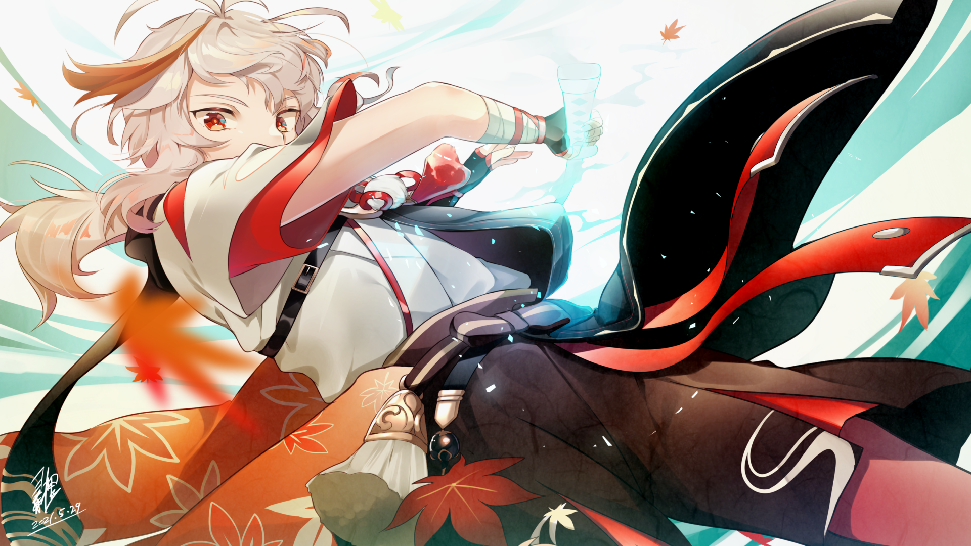 HD desktop wallpaper featuring Kaedehara Kazuha from the video game Genshin Impact. Kazuha is depicted dynamically with vibrant colors and falling maple leaves in the background.