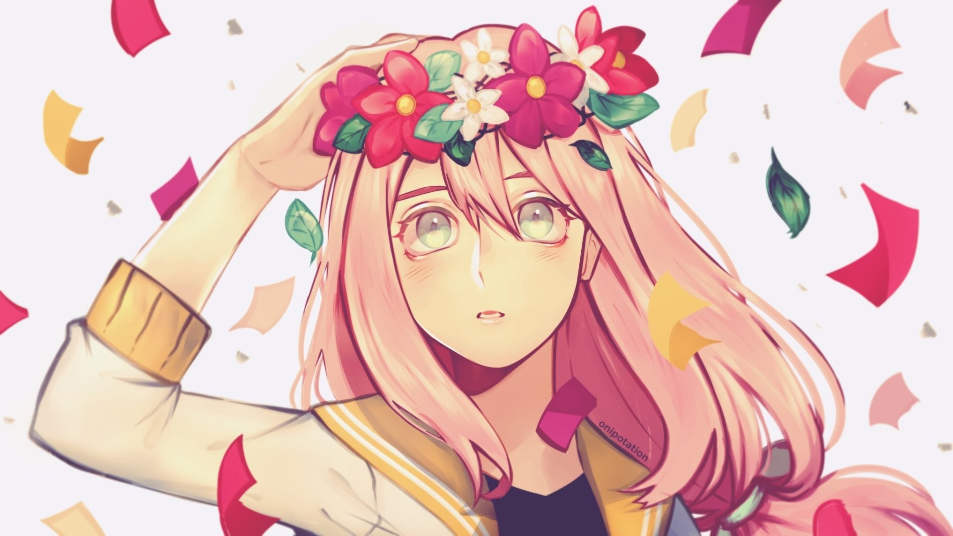 HD desktop wallpaper featuring Aubrey from the video game OMORI with long pink hair adorned with vibrant flowers and surrounded by colorful confetti.