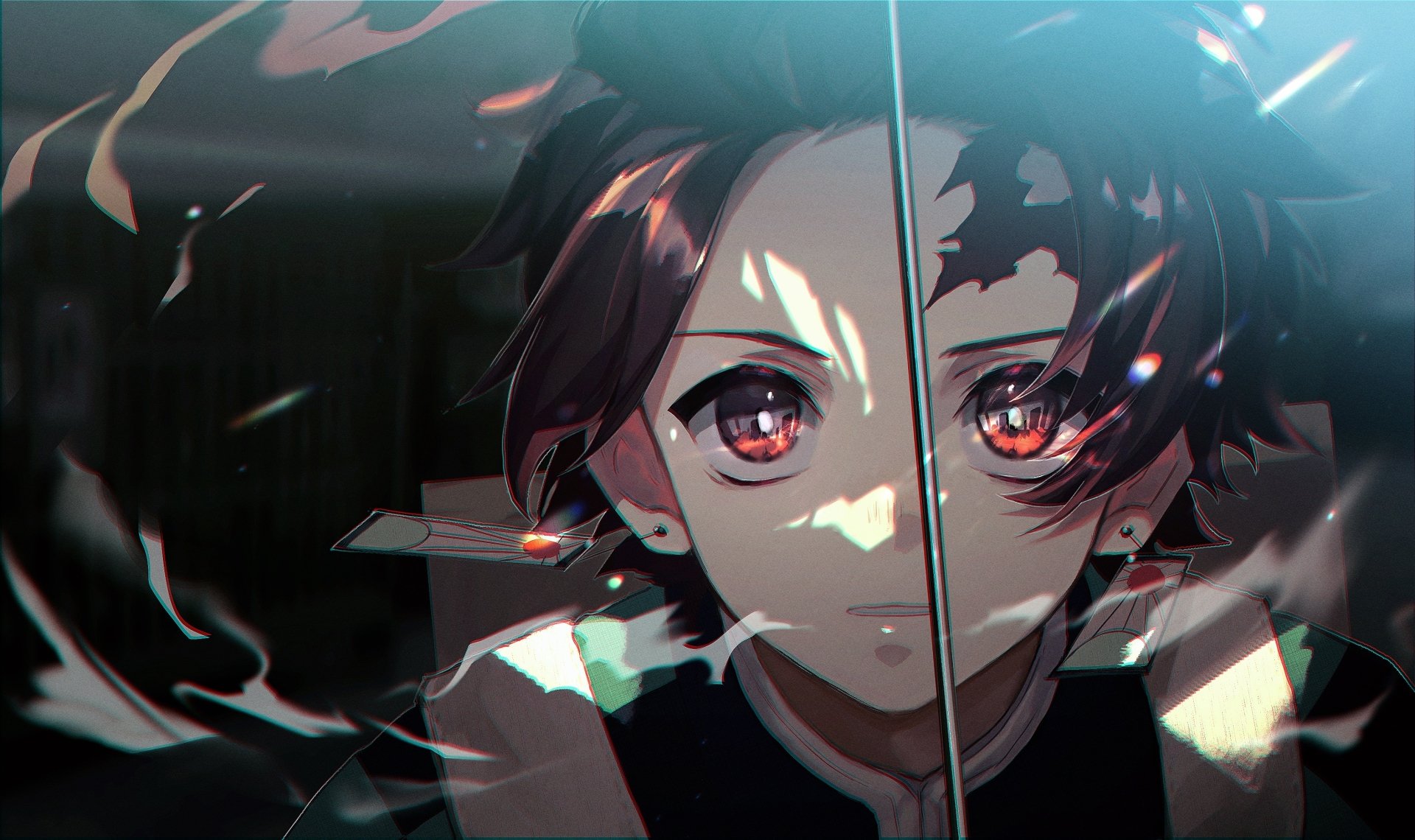 HD desktop wallpaper featuring Tanjiro Kamado from the anime series Demon Slayer: Kimetsu no Yaiba, showcasing his determined expression with intense lighting and dramatic shadows.