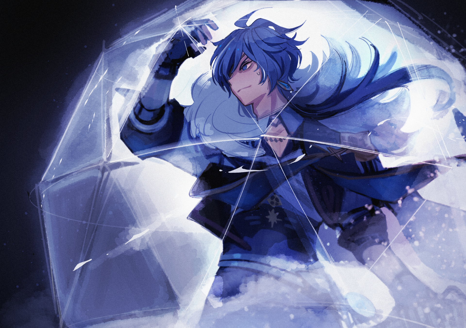 HD PC desktop wallpaper featuring Kaeya from Genshin Impact, showcasing the character in dynamic motion with icy blue and purple tones.