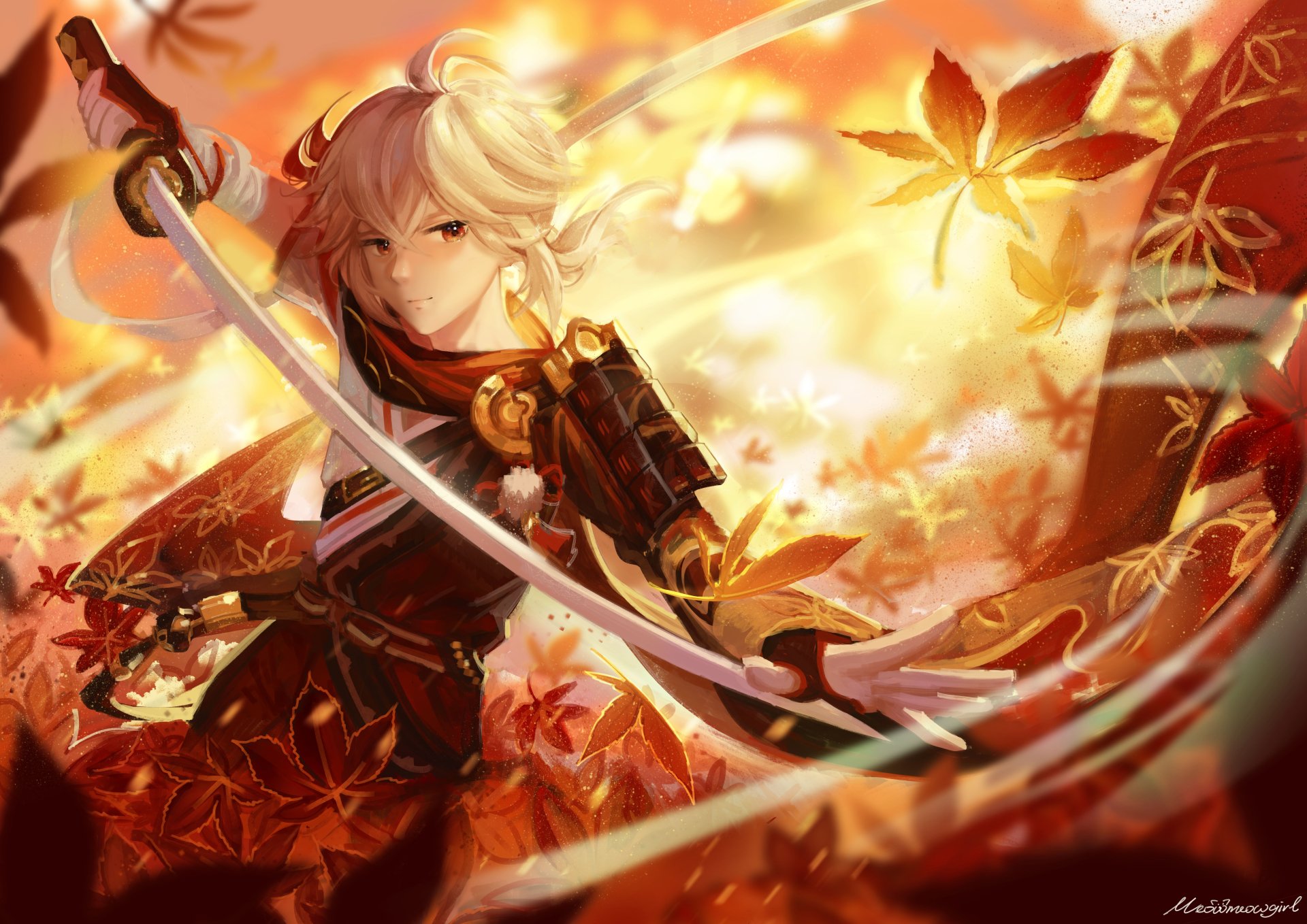 Kaedehara Kazuha from Genshin Impact wields a sword amid swirling autumn leaves in this vibrant 8K Ultra HD PC desktop wallpaper.