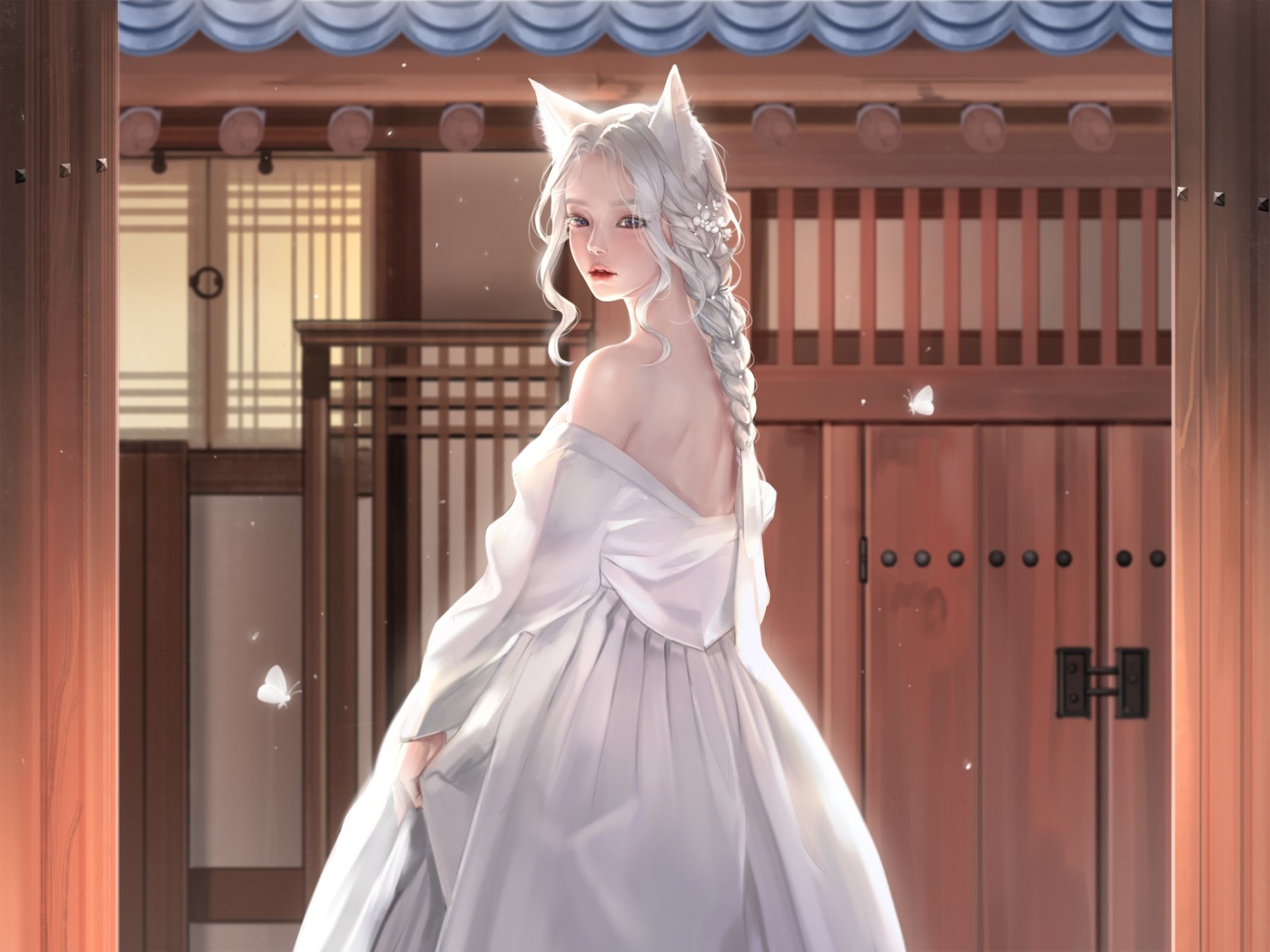 Anime girl with white hair braided over her shoulder, animal ears, and a flowing white dress stands in a traditional wooden setting, captured in an HD desktop wallpaper style.