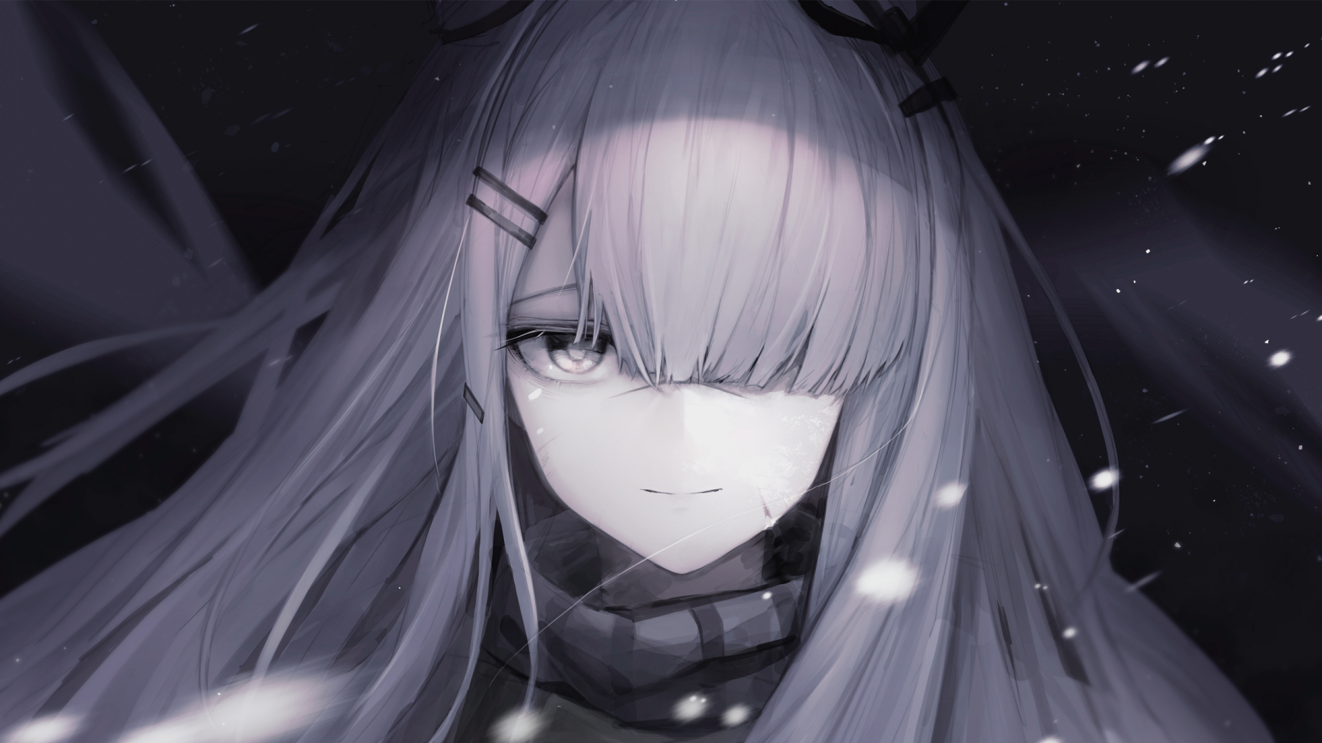 HD PC desktop wallpaper featuring a character with long hair and a mysterious expression from the video game Arknights, set against a dark, snowy background.