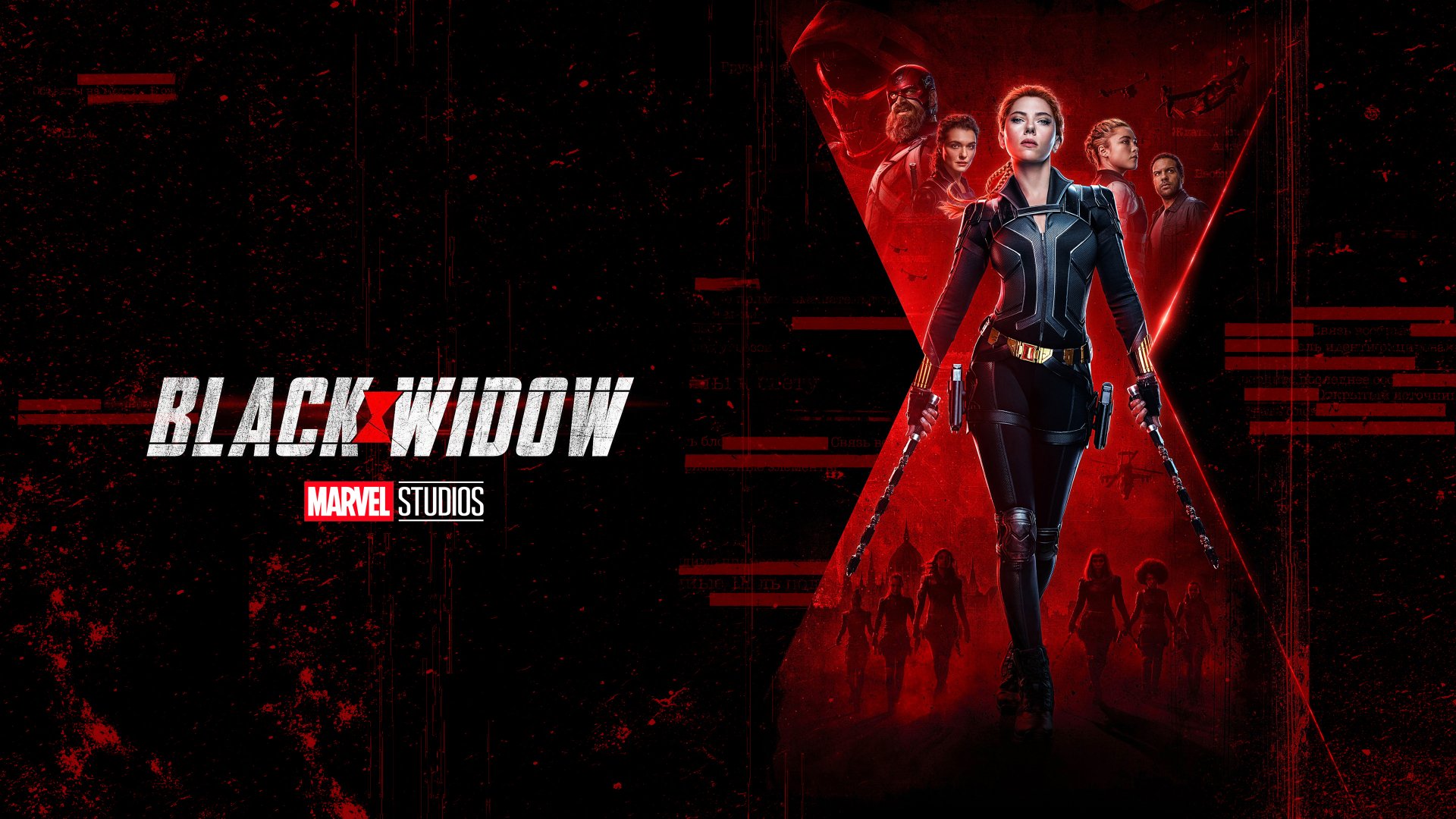 4K Ultra HD PC desktop wallpaper featuring Black Widow movie characters with a bold red X background and Marvel Studios logo.